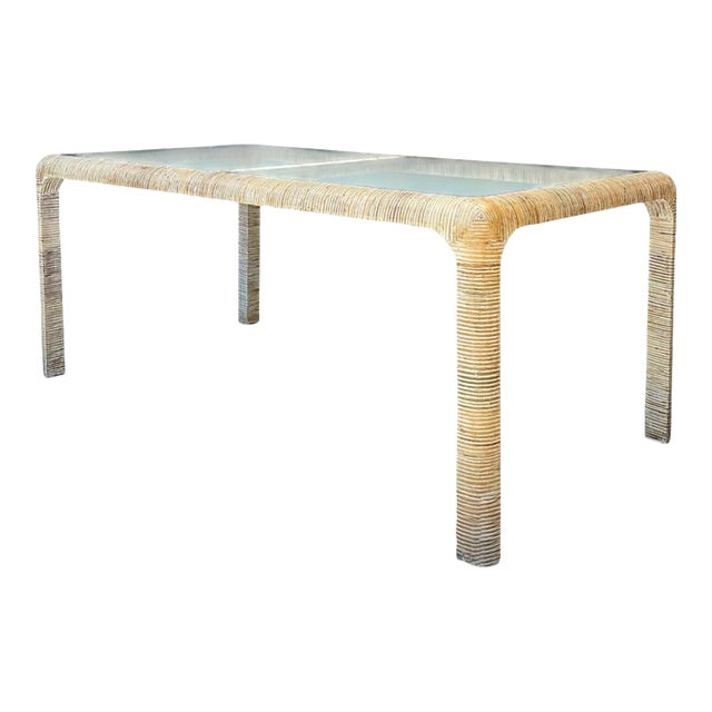 Vintage Rattan and Glass Dining Table For Sale