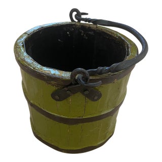 Antique Primitive Wooden Forged Iron Rice Berry Bucket Green For Sale