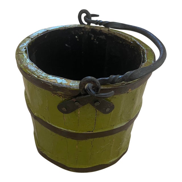 Antique Primitive Wooden Forged Iron Rice Berry Bucket Green For Sale