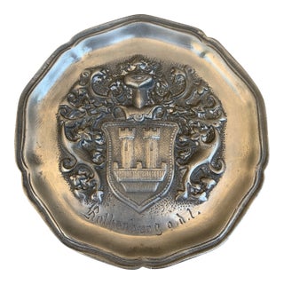 Mid-Century German J. Metten Pewter Heraldic Coat of Arms Wall Plate For Sale