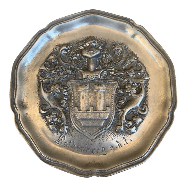 Mid-Century German J. Metten Pewter Heraldic Coat of Arms Wall Plate For Sale