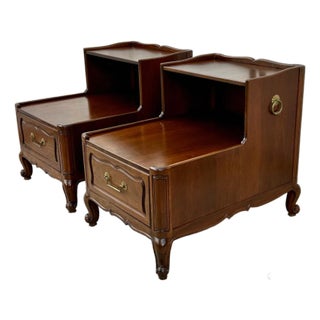 Heritage Henredon Walnut Tables French Louis XV 2 Tier Step Side End Pair 60s For Sale
