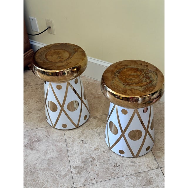 Gold Hollywood Regency Style Ceramic Mushroom Side Tables With Gold Harlequin & Polka Dot Pattern - A Pair For Sale - Image 8 of 9