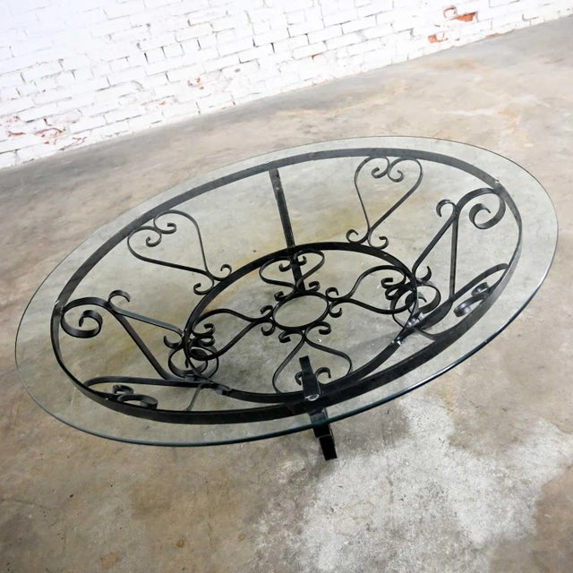 Mid 20th Century Vintage Rustic Spanish Revival Style Coffee Table Hand Wrought Iron Round With Glass Top For Sale - Image 5 of 17