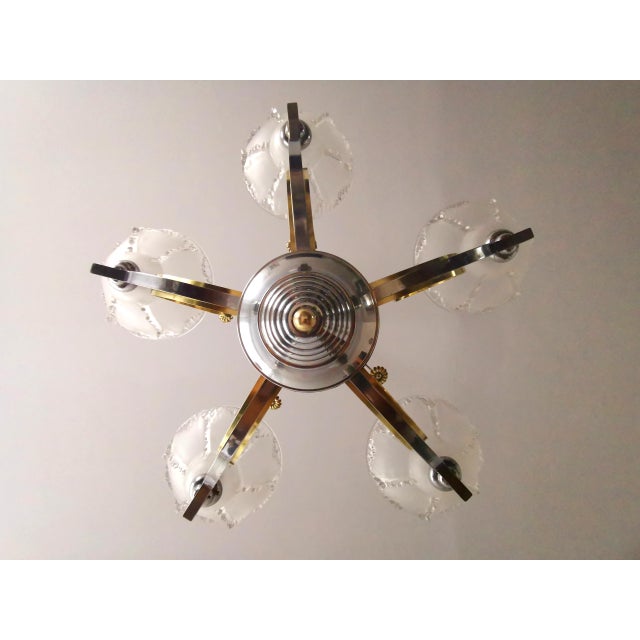 French Art Deco Chandelier in Chrome, Brass and Frosted Glass, 1930s For Sale - Image 6 of 11
