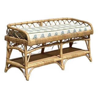 Vintage Coastal Wrapped Rattan Bench With Lisa Fine “Mughal Flower” Upholstery For Sale
