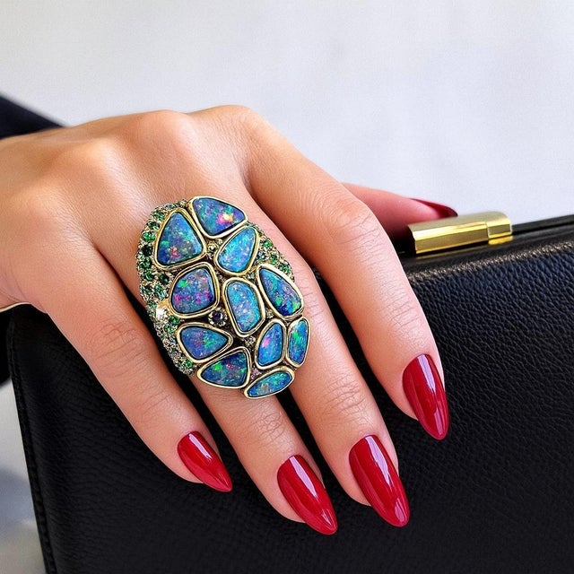 Bochic “Orient” Vintage Sapphire, Garant & Blue Opal Set In 18K Gold & Silver For Sale - Image 9 of 12