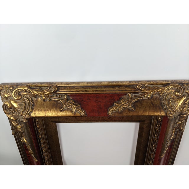 Late 20th Century Ornate Red and Antique Gold Gilt Wood Picture Frame With Baroque-Style Relief For Sale - Image 5 of 12