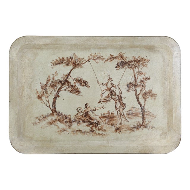 Vintage Hand Painted Tole Tray Cream With Sepia Rococo Garden Swing Scene Rectangular Serving Tray For Sale