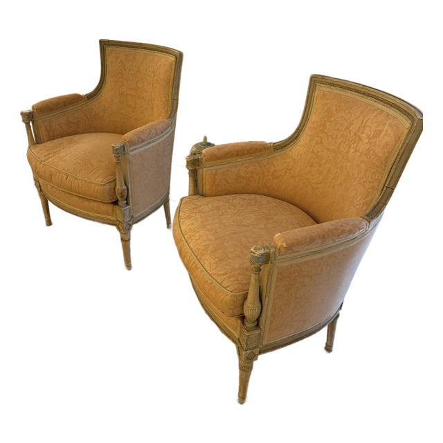 Antique French Bergères With Fortuny Upholstery For Sale