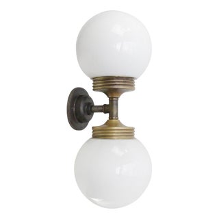 Vintage Cast Iron Double Sconce Wall Lamp in Opaline Glass and Brass For Sale