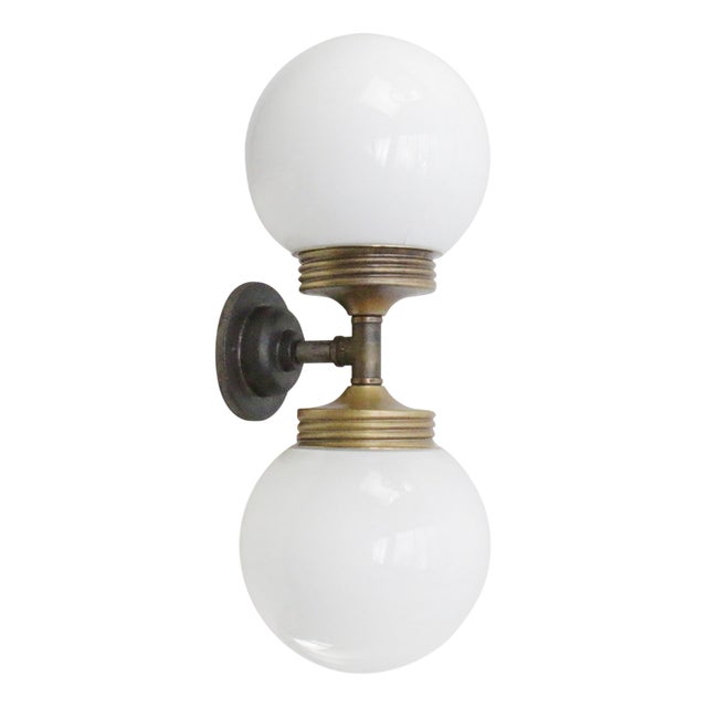 Vintage Cast Iron Double Sconce Wall Lamp in Opaline Glass and Brass For Sale
