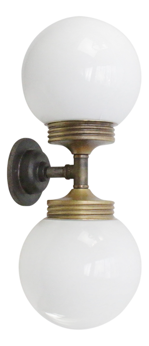 Vintage Cast Iron Double Sconce Wall Lamp in Opaline Glass and Brass