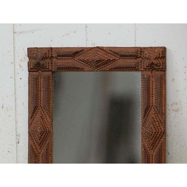 French French 1900s Hand Carved Tramp Art Mirror with Raised Diamond Motifs For Sale - Image 3 of 9