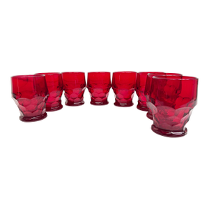 Vintage Mid Century Viking Glass Georgian Ruby Red Honeycomb Heavy Pressed Glass Barware Cups - 8 Pieces