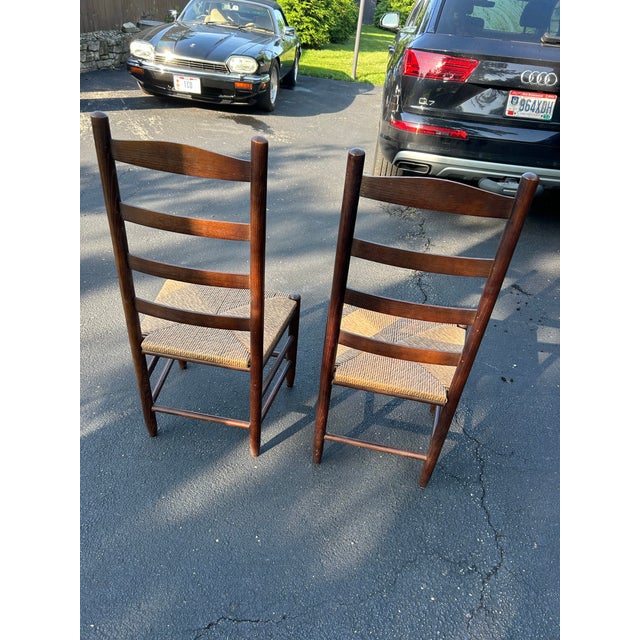 Set of 2 Vintage Dark Wood and Rush Seat Ladder Back Chairs For Sale - Image 10 of 10