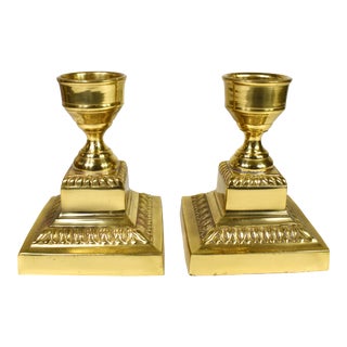 Vintage Square Base Brass Short Candlestick Candle Holders - a Pair For Sale