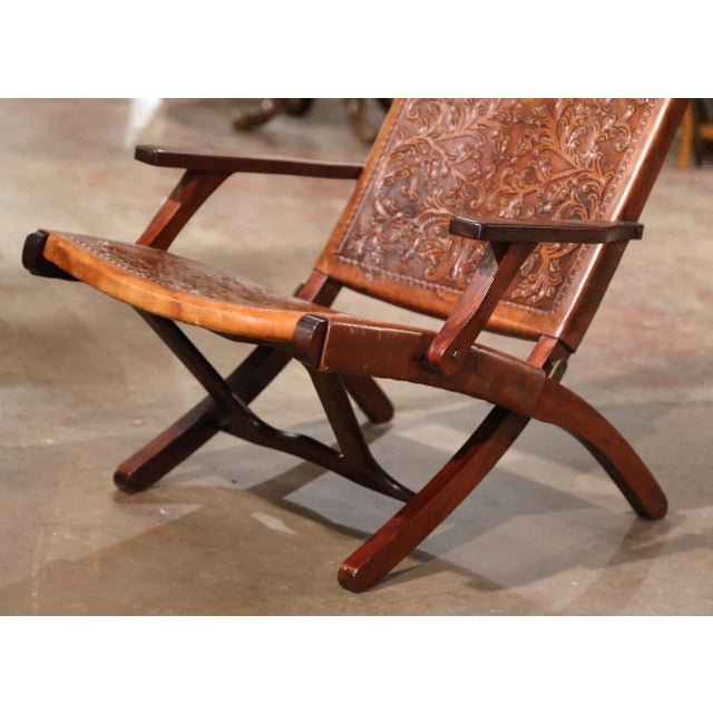 Mid-Century Spanish Carved Walnut Folding Chair With Original