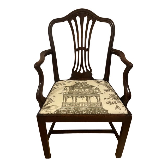 19th Century Mahogany Hepplewhite Carver Chair With Schumacher Fabric Seat For Sale