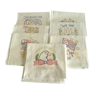 Patriotic Theme Hand Embroidered Dish Towels - Set of 7 For Sale
