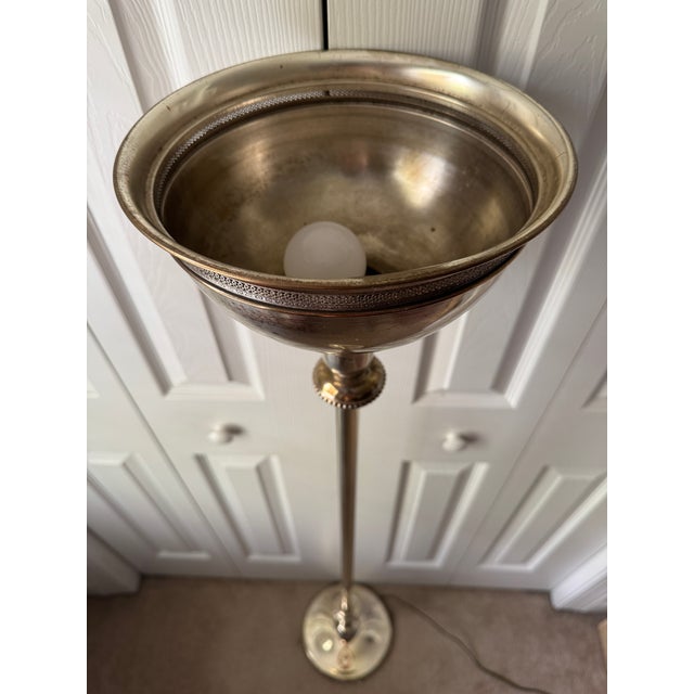 1930s Art Deco Pierced Silverplated 60" Torchiere Floor Lamp W/Claw Feet For Sale - Image 16 of 18
