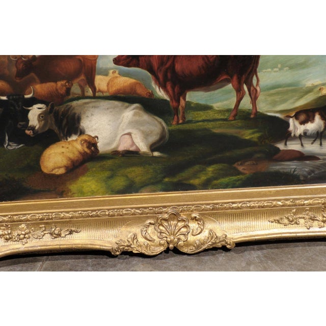 Large English 1880s Giltwood Framed Pastoral Oil Painting with Cattle and Sheep For Sale In Atlanta - Image 6 of 7