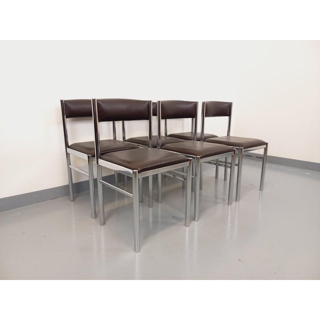 Vintage Chairs in Chromed Metal and Brown Imitation Leather, 1970s, Set of 6 For Sale - Image 12 of 18