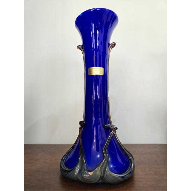 Magnificent cobalt blue mouth-blown glass vase, crafted by the renowned Silice Création glassworks in Biot. This vase is...
