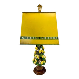 Italian Porcelain Lemon Topiary Lamp With Tole Shade For Sale