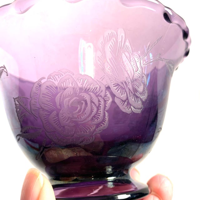 Fostoria Early 20th Century Mid Century Modern Fostoria Floral Etched Amethyst Glass Century Pedestal Serving Bowl For Sale - Image 4 of 10