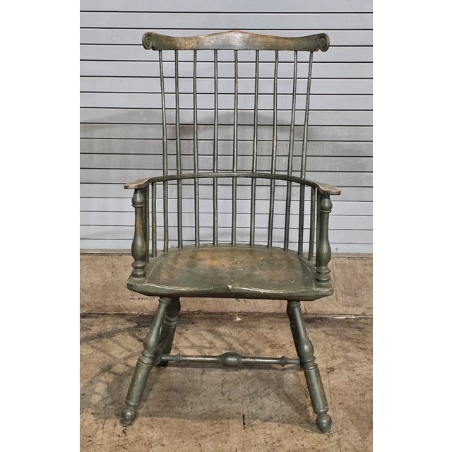 Store Item: Eldred Wheeler Green Fan Back Carved Windsor Arm Chair Bench Made New Hampshire Description: Chair features a...