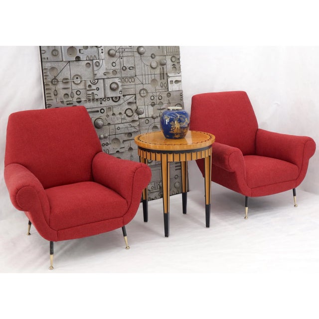 Midcentury Italian modern pair of lounge or lobby chairs with brass tapered feet. MarCo Zanuzo Gio Ponti attribution...