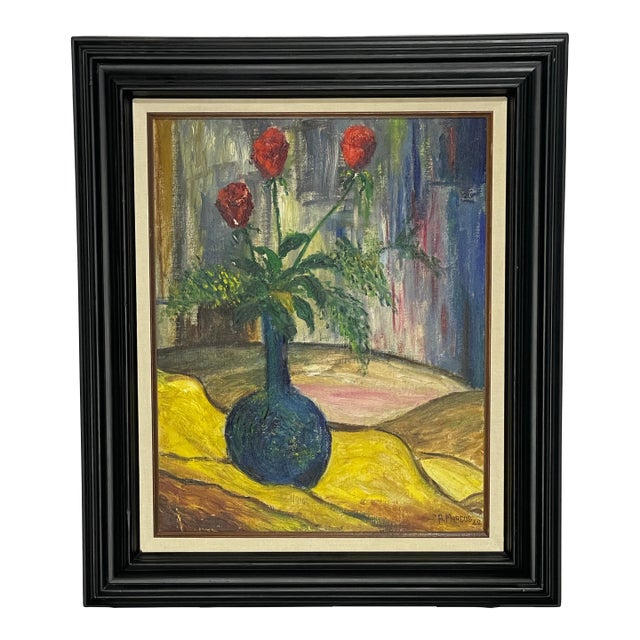 1949 Mid-Century Expressionist Floral Still Life Oil Painting, Signed For Sale