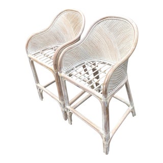 Vintage Coastal Cerused Pretzel Rattan Barstools - a Pair For Sale