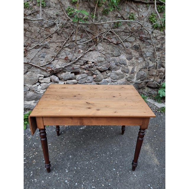Vintage Pine Drop-Leaf Table with Turned Beech Legs, France, 1930s For Sale - Image 3 of 16