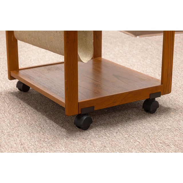 1960s Vintage 1970s Danish FBJ Mobler Teak Side Table W Fabric Magazine Rack & Casters For Sale - Image 5 of 7