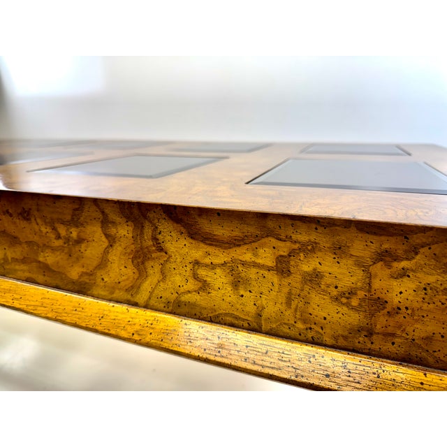 Italian Burl Wood Coffee Table in the Manner of Milo Baughman With Inset Glass Panels, 1970s For Sale - Image 11 of 14