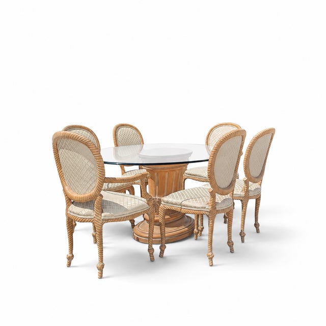 Vintage Carved Wood Oval Glass Dining Set With Six Upholstered Chairs For Sale - Image 15 of 18