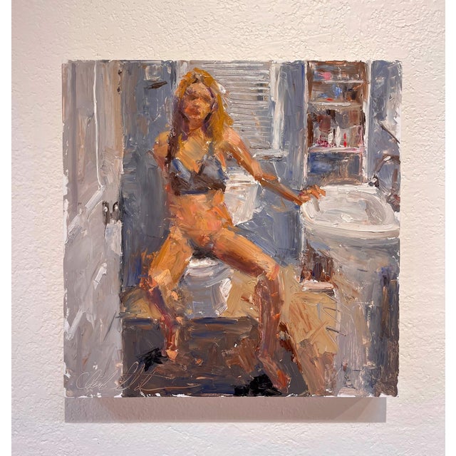 The painting depicts a figure seated in a bathroom, captured in a moment of vulnerability and introspection. The use of...