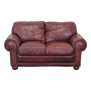 Viewpoint Leather Works Classic Leather Loveseat With Rolled Arms and Stud Accents For Sale