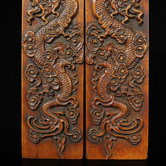 Brown Carved Rosewood Double Dragon & Flaming Pearl Paperweights / Decorative Panels - A Pair For Sale - Image 8 of 9