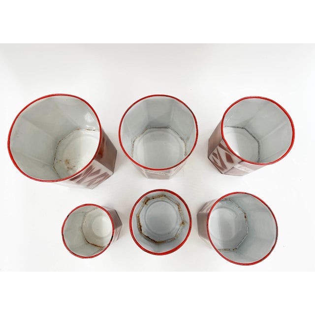 Antique French Enamel Kitchen Tins Set by Aubecq, 1920s, Set of 6 For Sale - Image 6 of 10