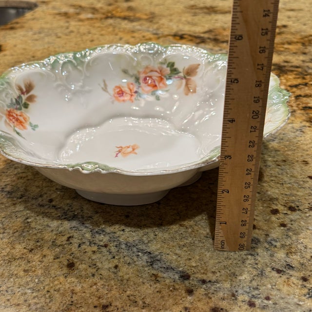 Traditional Antique Rs Prussia Porcelain Bowl 10.5" Pink Orange Floral Roses Scalloped Edge For Sale - Image 3 of 6