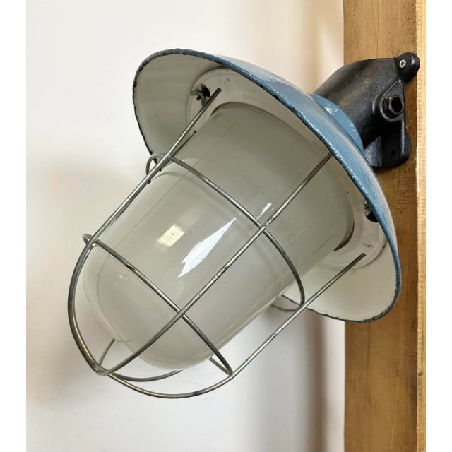 Industrial Blue Painted Factory Wall Cage Lamp from Elektrosvit, 1960s For Sale - Image 6 of 13