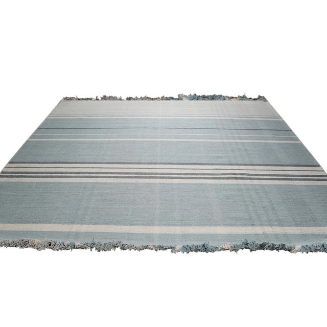 Contemporary 4x6 Opulent Majestic Blue Geometric Modern Flatweave Wool Carpet Rug For Sale - Image 3 of 10
