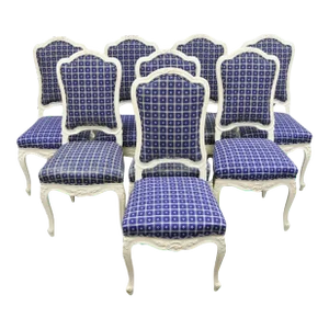 Late 20th Century Vintage French Country Style White Painted Carved Wood Dining Chairs - Set of 8