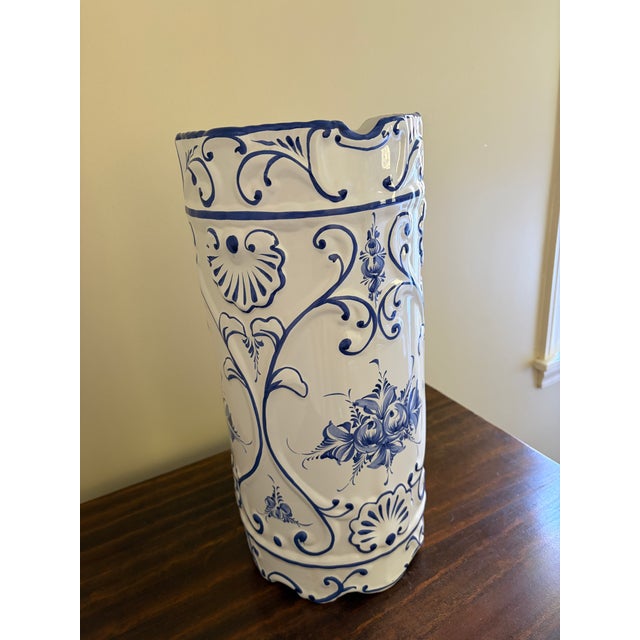 Chinoiserie Vintage Portuguese Blue and White Porcelain Umbrella Stand For Sale - Image 3 of 9