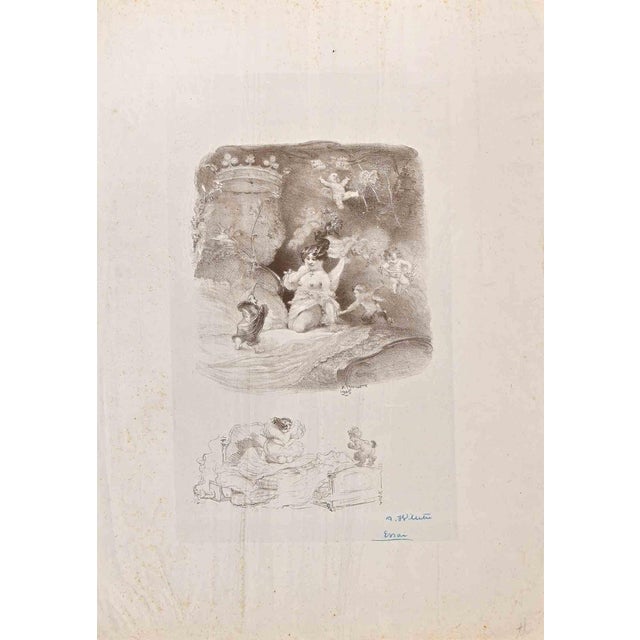 Adolphe Willette, Lady with Cupids and Dwarf, Lithograph, 1906 For Sale