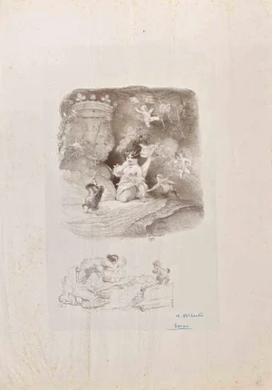 Adolphe Willette, Lady with Cupids and Dwarf, Lithograph, 1906