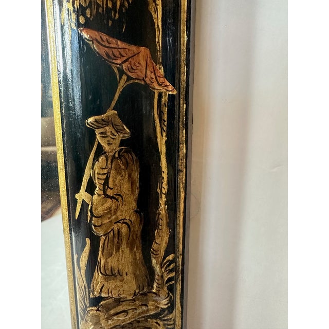 Large Ebonized Hand Painted & Gilded Chinoiserie Wall Mirror For Sale - Image 9 of 13